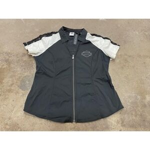 Harley-Davidson Blouse Womens XL Black Zip Front Colorblock Lace Wing Graphic